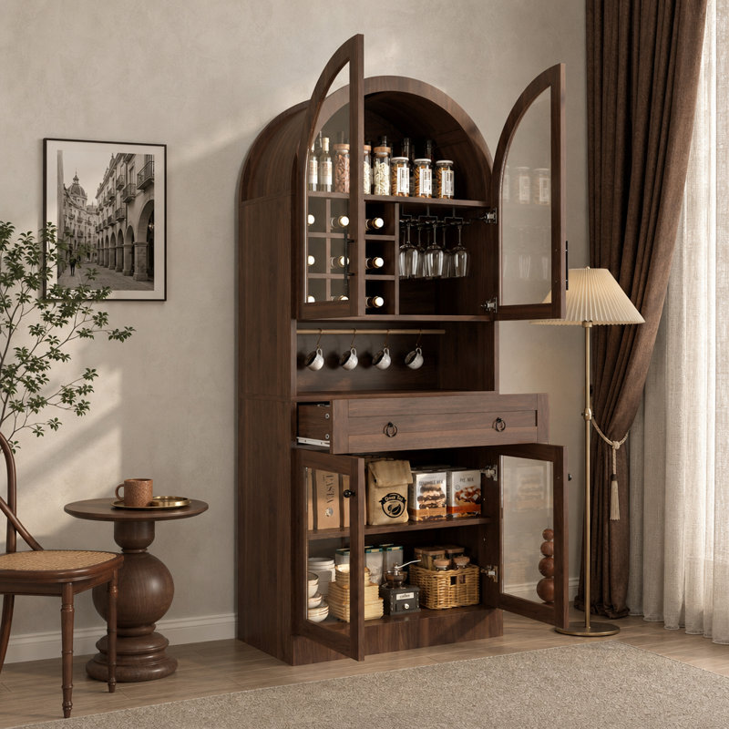 Bar à vin 70 po de hauteur avec portes en verre, support à 9 bouteilles, tiroir et tablettes de rangement, Noyer
