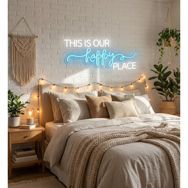  | This is Our Happy Place, enseigne au néon | Fabriqué avec un tube néon incassable durable qui émet un éclairage lumineux et uniforme pendant plus de 50 000 heures sans gradation ni scintillement | 30 x 14 | Blanc et bleu vif