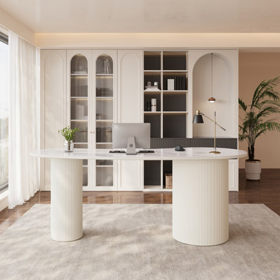 Modern White Sintered Stone Executive Desk with 3 Drawers, Curved Desktop and Fluted Roman Column Pedestals
