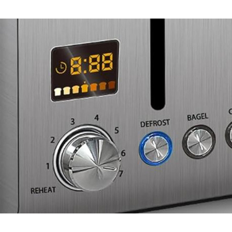 This Four-Piece Stainless Steel Toaster Boasts A Premium Silver Metallic Exterior, A Wide Slot, Seven Precise Toasting Levels, Three Main Functions, A Color LCD Screen, And A Removable Tray For Easy Cleaning.