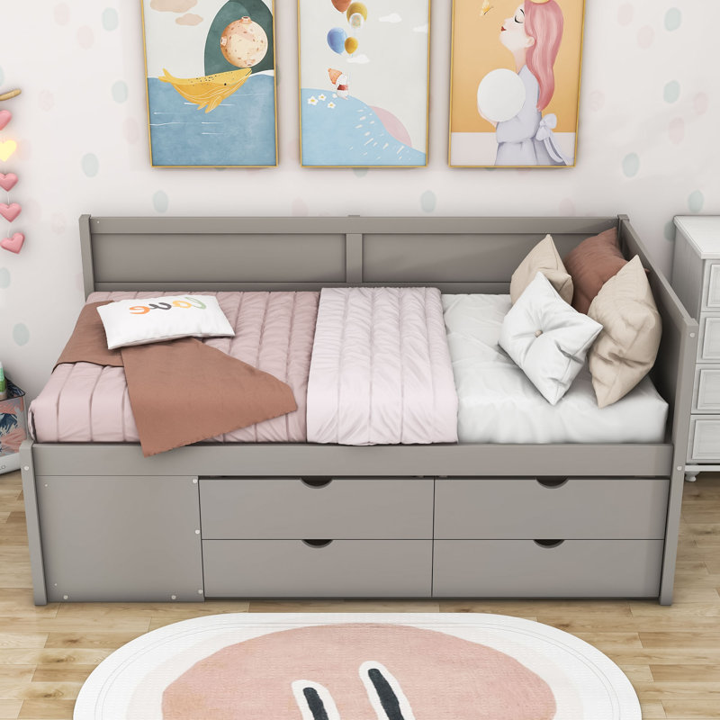 Lit de jour en bois avec tiroirs et tablettes, Gris, Lit simple