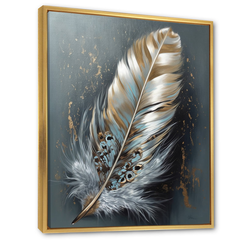 Kelvontae plume dorée Wanderlust IV sur toile, H 32 po x l 16 po x P 1 po, Cadre flottant doré