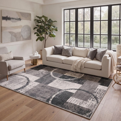 Tapis de sol performant à poils courts, lavable et antidérapant, gris/noir, à motifs géométriques modernes