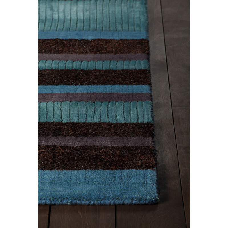 Performance Handmade Hand-Woven Striped Blue and Brown Indoor Wool Rug, Rectangle 5' x 7'6"