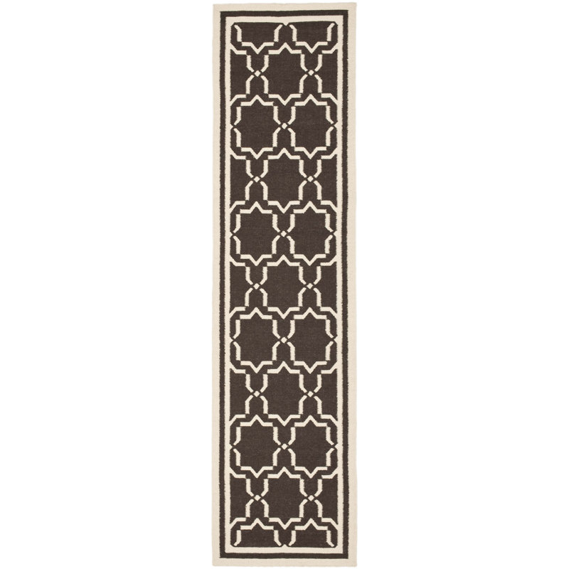 Rodgers Hand Woven Flat Weave Wool/Cotton Geometric Rug in Chocolate, Runner 2'6" x 10'