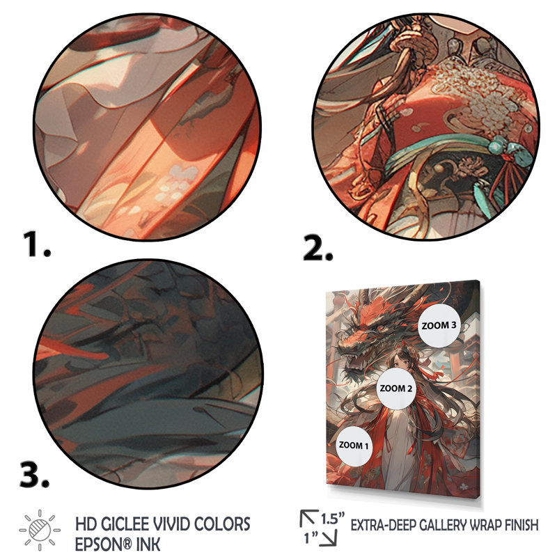 Red Princess Dragon II - reproduction d'art murale asiatique, Cadre flottant noir, H 32 po x l 16 po x P 1 po