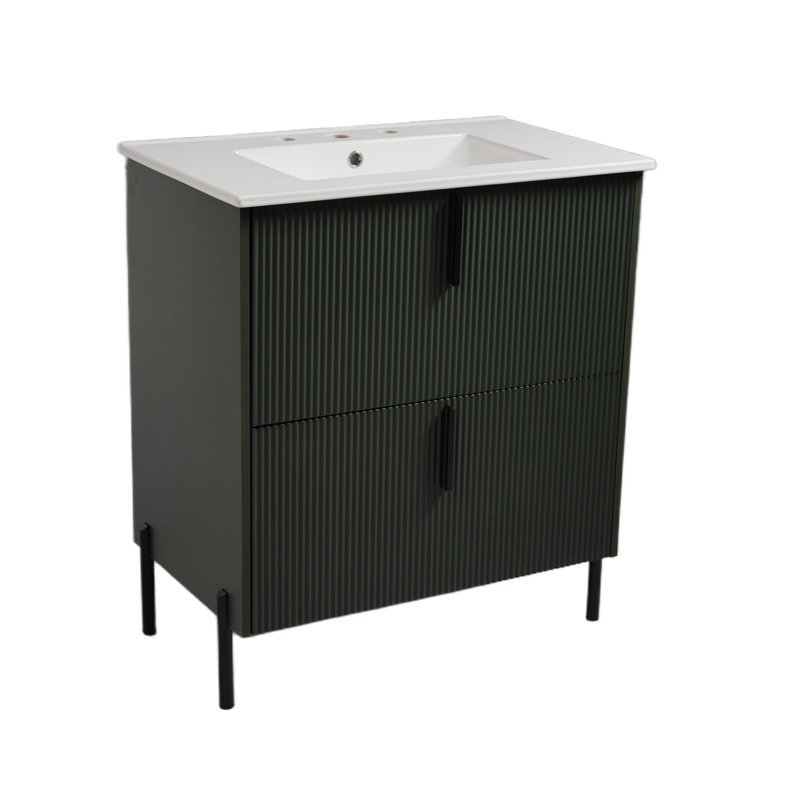Meuble-lavabo de 30 po avec lavabo en céramique et tiroirs pleine extension, glissières de tiroir à fermeture en douceur, conception cannelée, vert