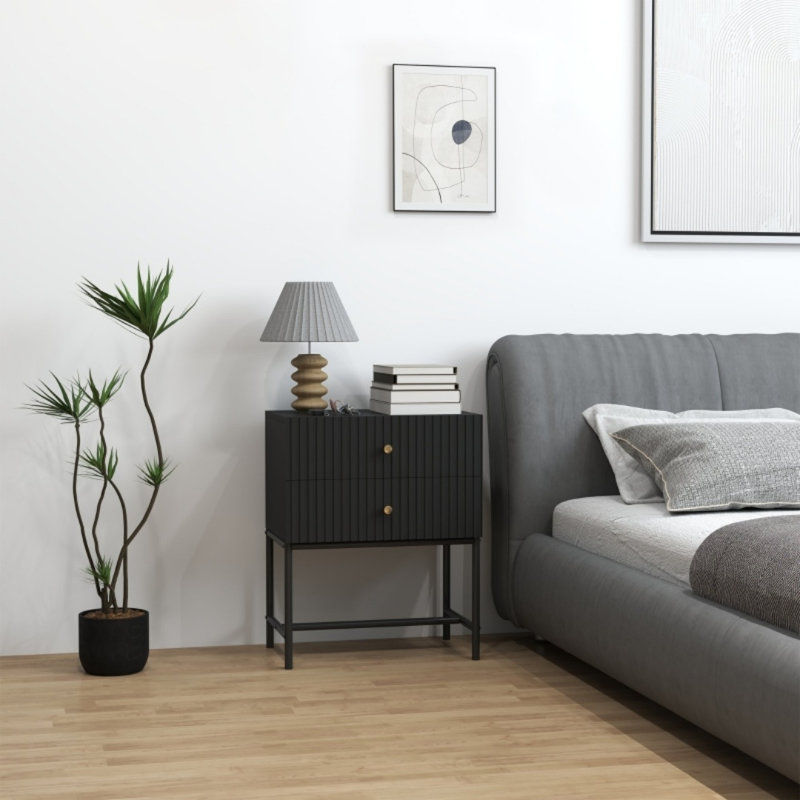 48cm W Engineered Wood Bedside Table, Black