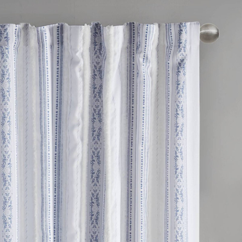 Panneau de rideau imprimé poly avec rayure et doublure touffetées blanc / bleu marine 50 po x 84 po, L 50,07 po x L 84 po
