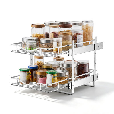 Organisateur de placard coulissant à 2 niveaux, 36 cm L x 53,5 cm P, tiroirs coulissants, fini chromé, étagères coulissantes en acier robuste pour meubles bas