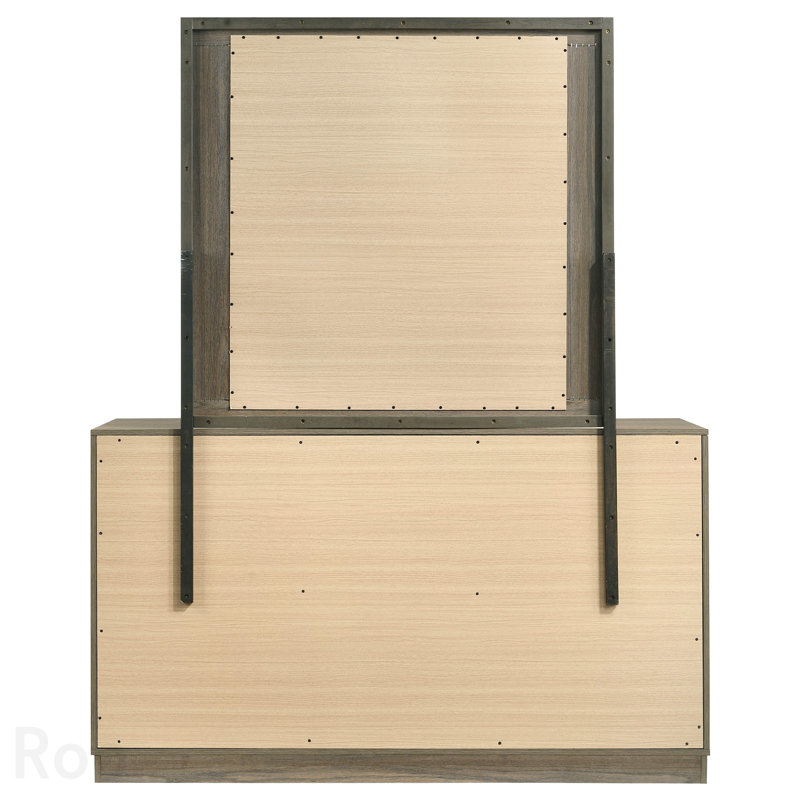 Commode 9 tiroirs en chêne gris / amande avec miroir, collection Edmondson - finition chêne gris et amande