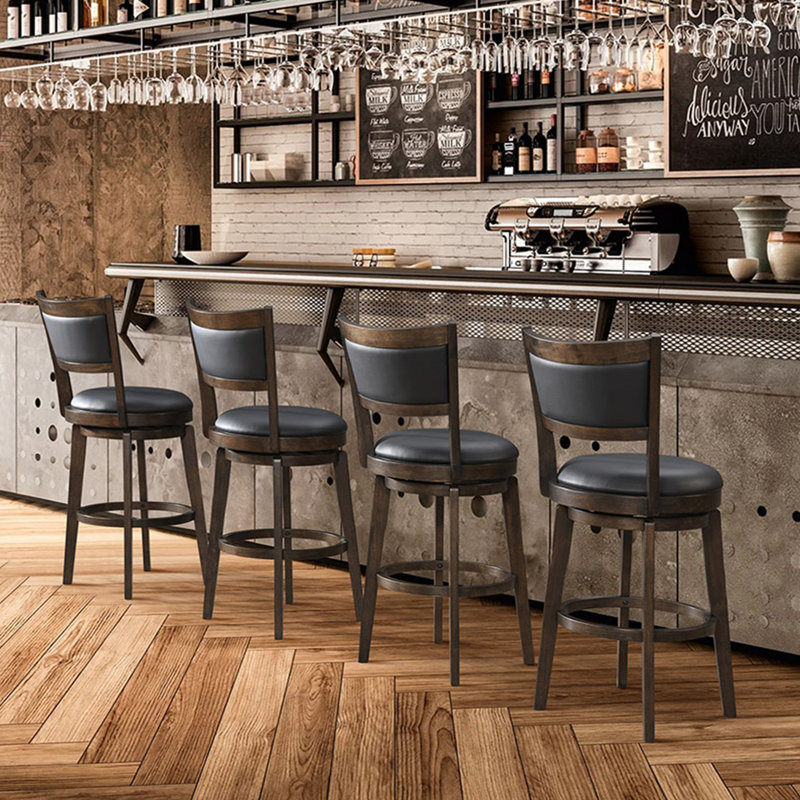 26" Swivel Stools Set Of 2, Black Faux Leather Upholstered Seat & Solid Wood Footrest, Stool For Kitchen Island & Pub