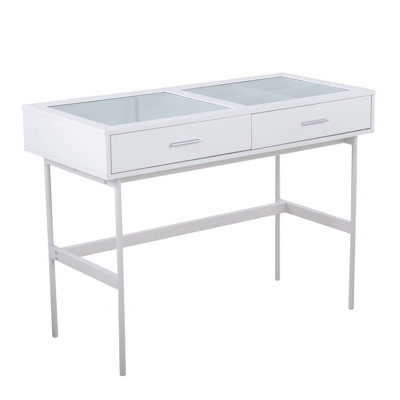 Console contemporaine avec plateau en verre trempé et structure en métal élégant, avec deux tiroirs de rangement et un design polyvalent.