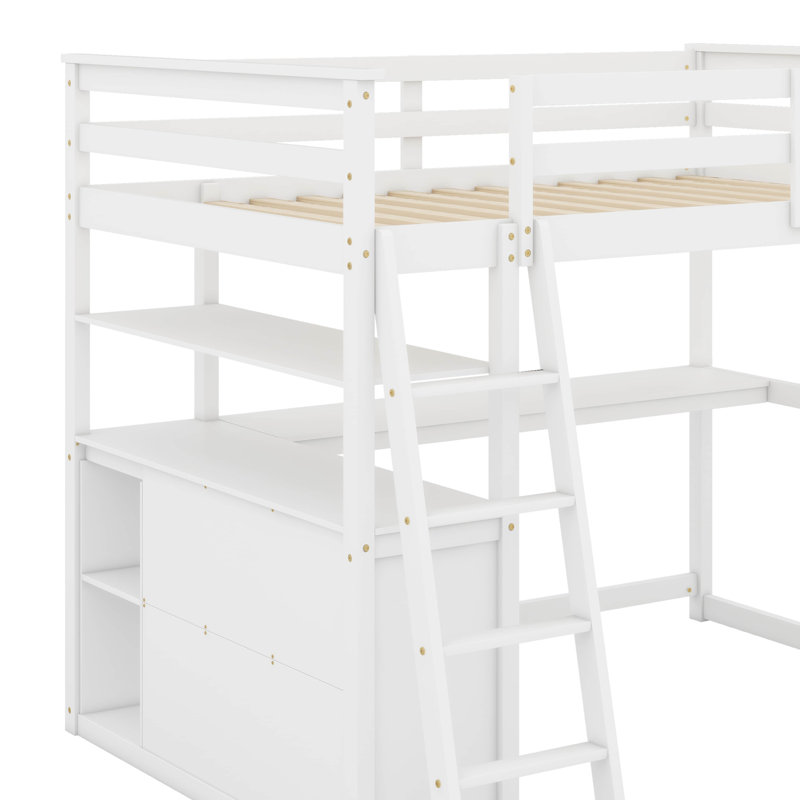 Lit mezzanine double avec bureau et tablettes, Blanc