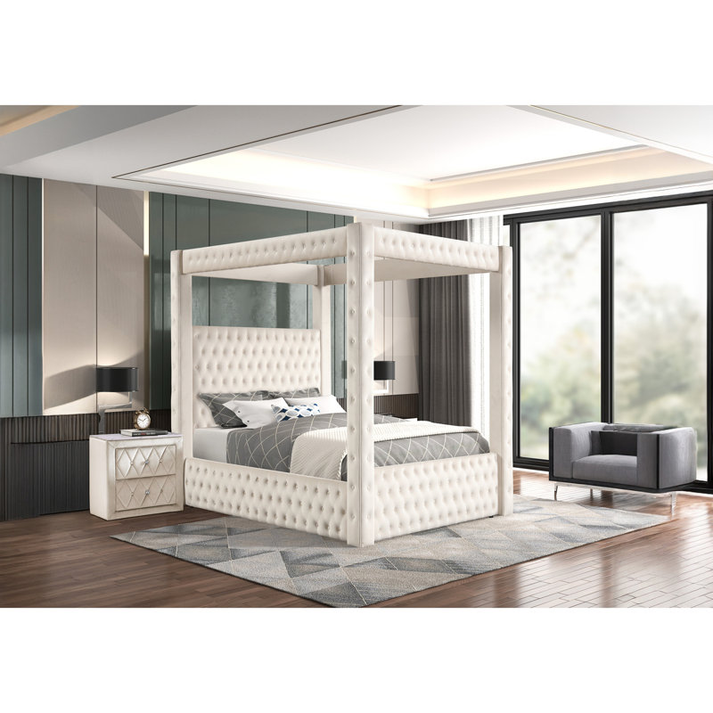 Valesia Upholstered Canopy Bed, King, Ivory