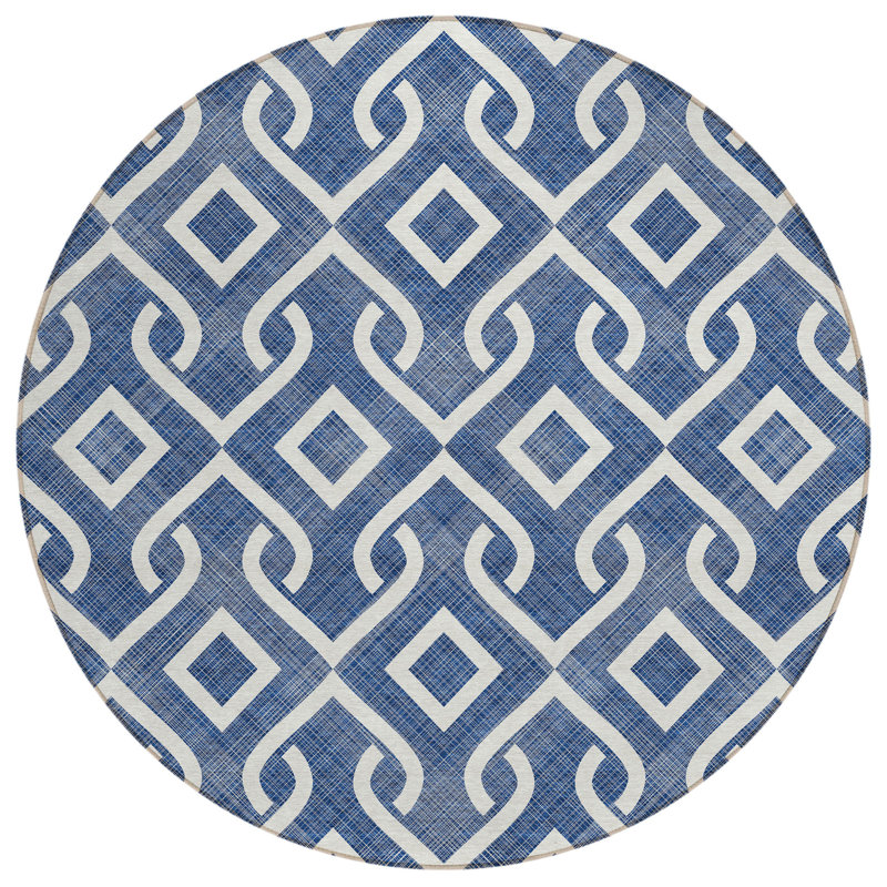 Tapis d'intérieur rond lavable géométrique 8 pi bleu marine et ivoire