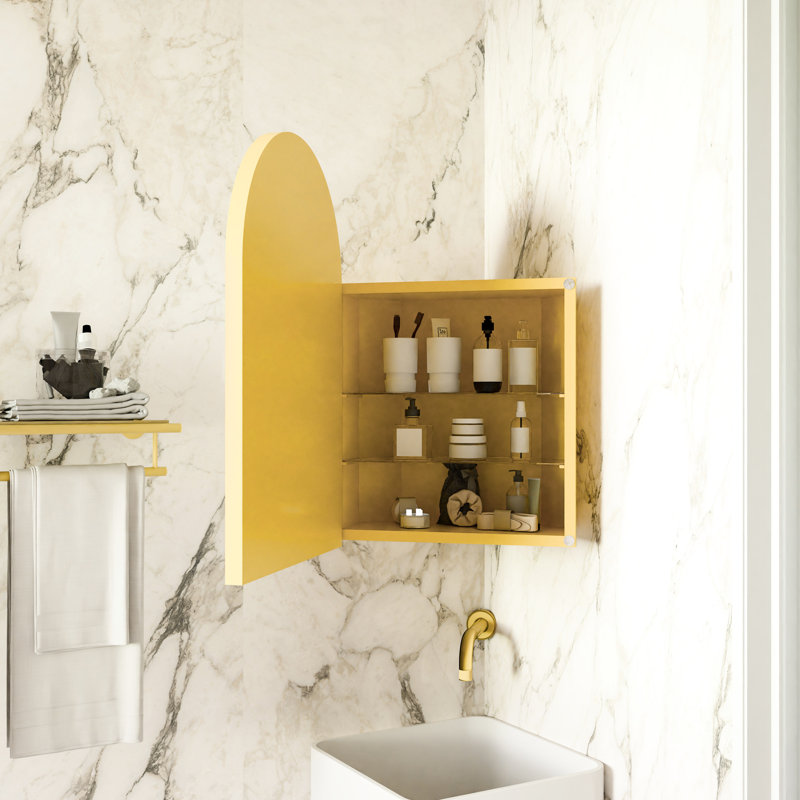 Armoire d'angle en métal doré 18 x 24 pouces avec miroir arqué et espace pour la salle de bain
