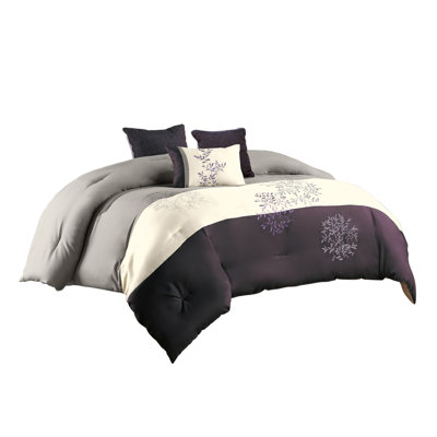 7 piece king polyester comforter set with leaf embroidery, grey and purple