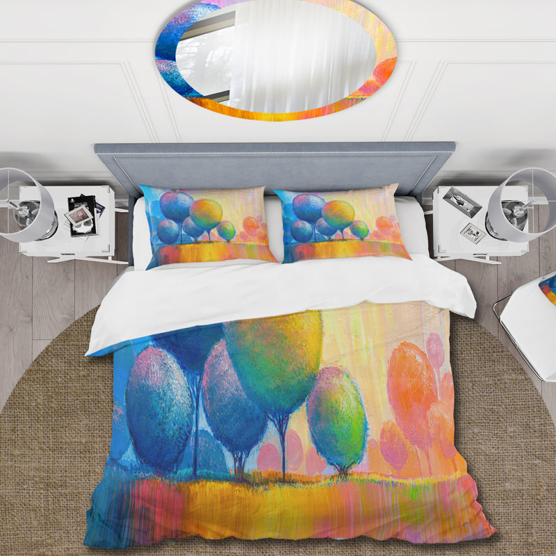 Colorful Ornamental Trees - Ensemble de housse de couette moderne - Polyester en microfibre