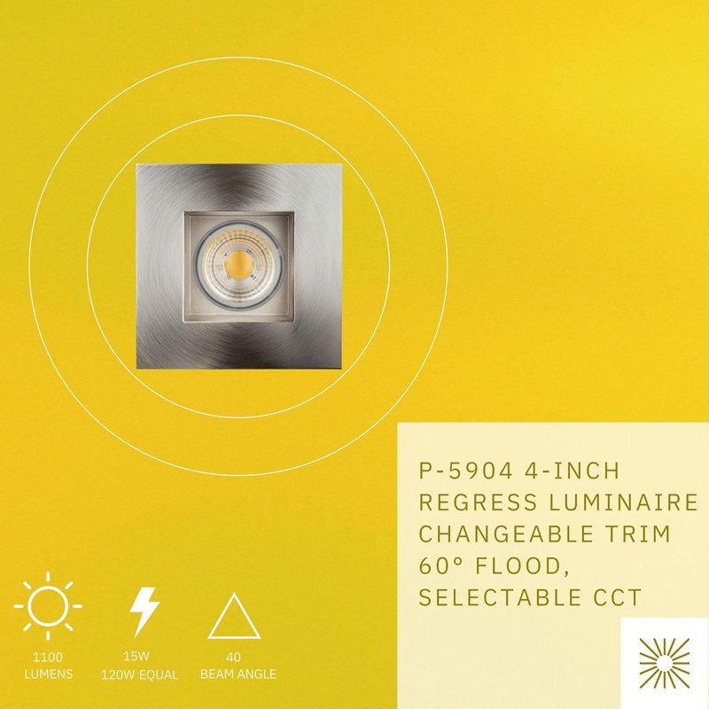 Éclairage encastré carré 4 po 15 W à 1 100 lumens Percclow, Nickel brossé