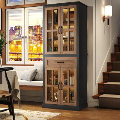 71'' Tall Kitchen Cabinet With Glass Doors And Drawer, Freestanding Food Pantry With Adjustable Shelves For Dining Living Room