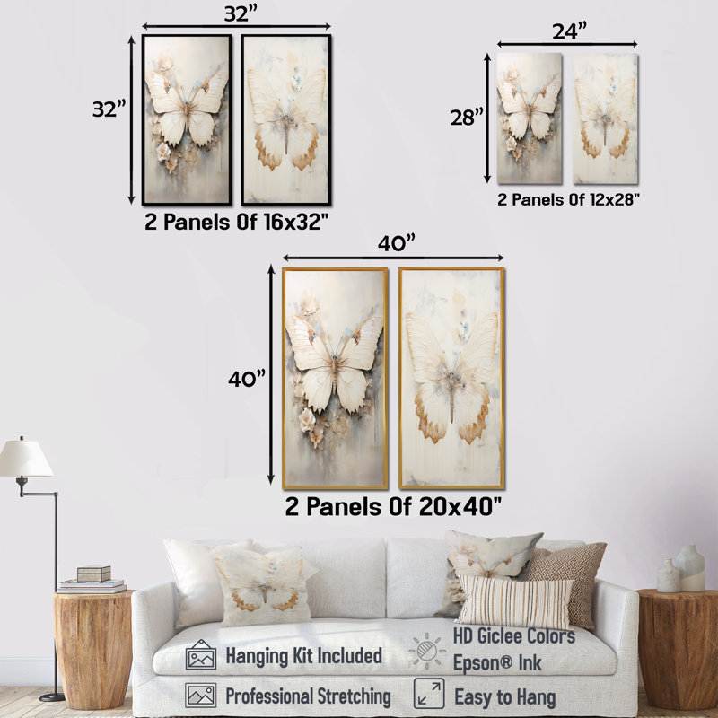 Minimalisme papillon beige - ensemble de 2 impressions sur toile papillon, H 28 po x l 25 po, Toile tendue