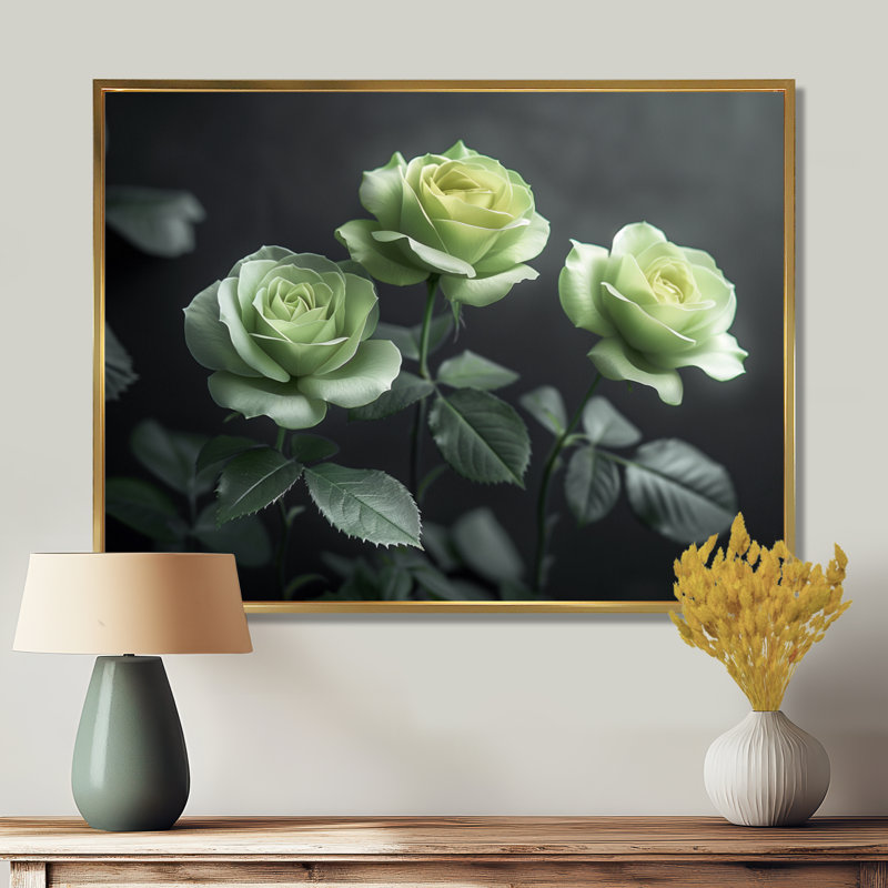 Nirvana blanc blanc et vert - Roses, art mural de salon, Cadre flottant doré, 34" H x 44" W