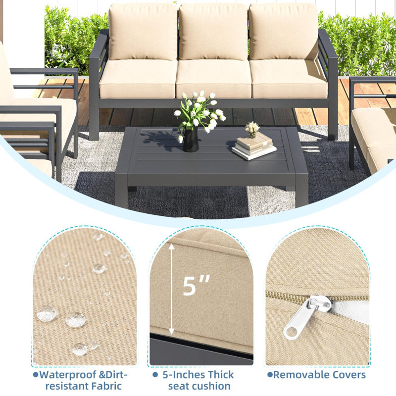 Ensemble de meubles de patio en aluminium avec foyer, Coussin beige, structure noire