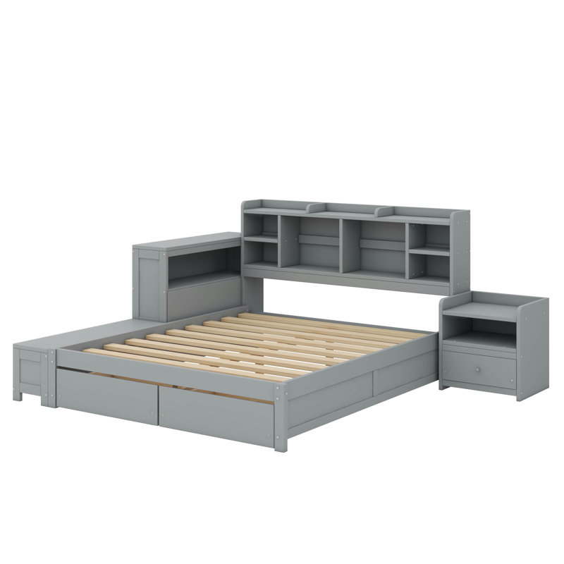 Cadre de lit complet avec ports USB et bureau intégré, gris