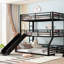 Lit superposé triple en métal noir superposé au-dessus d'un lit double, peu encombrant, coulissant, réduit le bruit, pour les chambres d'amis miniatures avec cadre robuste, espaces communs-126005507