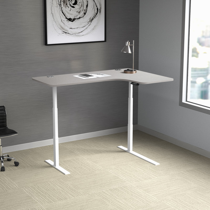 Adjustable L-Shaped Metal Base Standing Desk, White Maple/White