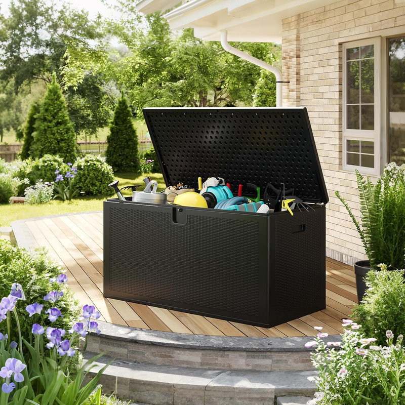 Qeetex 150 Gallon Heavy Duty Resin Deck Box Outdoor Storage – Weatherproof & Waterproof, Lockable Lid, Large Capacity Bin for Patio, Garden, Porch, Pool – Black