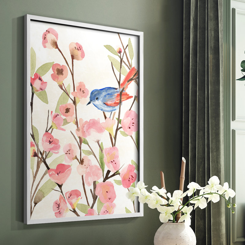 «Cherry Blossom Perch II», reproduction encadrée - bois massif, Blanc, H 28 po x l 22 po