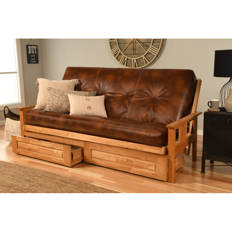 Stratford Full / Double Upholstered Futon And Mattress, Butternut, Oregon Trail Saddle, Innerspring