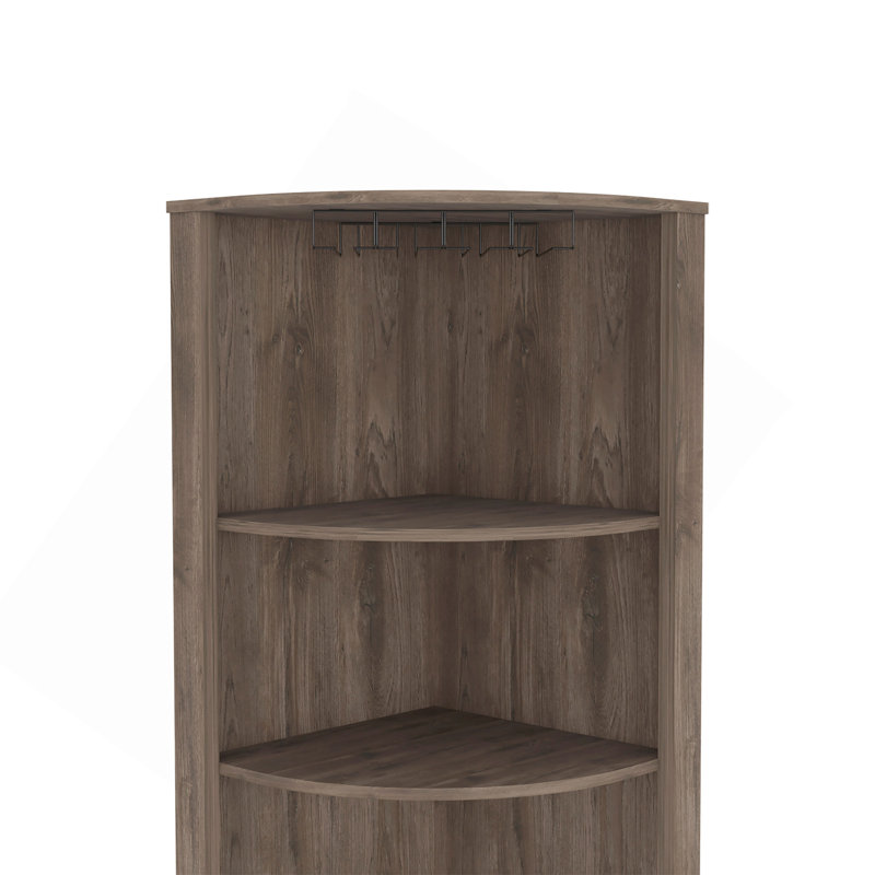Armoire de coin Essential, trois tablettes, huit porte-bouteilles encastrés, deux tablettes latérales brun foncé