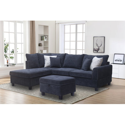 Canapé modulaire en tissu noir de 99,5 po avec méridienne et repose-pieds de rangement Gabriella