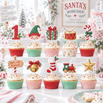 Custom Age Santa Helper Cupcake Toppers, Christmas Birthday Cardstock Picks (Age: 5)