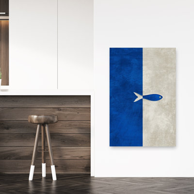 Blue White Split Fish Abstract Contemporary Minimalist Fish Ocean Beach Wall Art Print