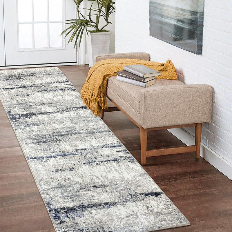 Tapis ivoire / gris / bleu Modern Abstract Performance, Tapis de couloir 2 pi 6 po x 8 pi