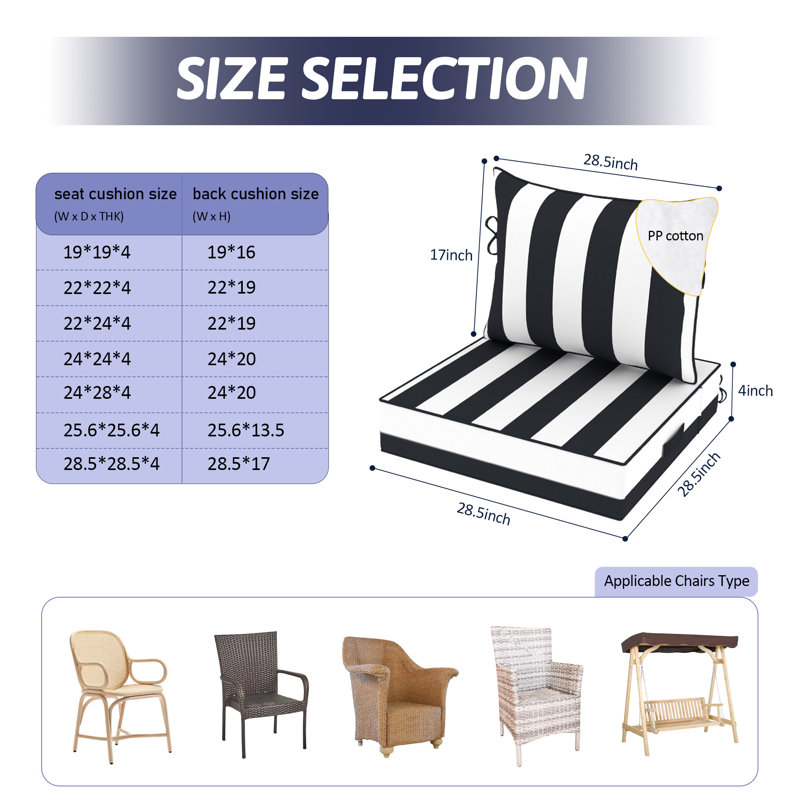 28.5 x 28.5 In Patio Furniture Cushions set of 4, Fade Resistant Outdoor Seat Cushions with 4 pairs of Ties, Deep Seat Cushion for Seat Patio Chairs, Rattan Furniture, Wicker Seating, outdoor Adirondack Chair,Black And White Stripes