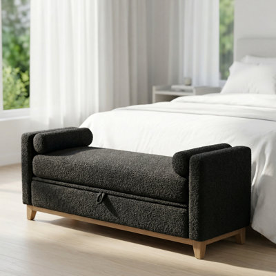 Très grand banc de rangement rembourré avec des pieds en bois massif durables, un siège rembourré et deux traversins inclus, une assise multifonctionnelle et une solution de rangement idéale pour le placement en bout de lit