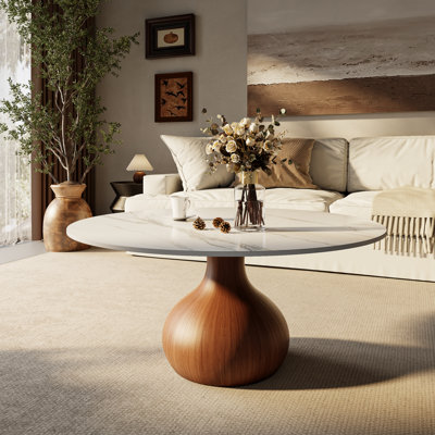 Mid-Century Modern Round Coffee Table Stone Marble Effect With Solid Wood Base For Living Room & Home Decor by Orren Ellis