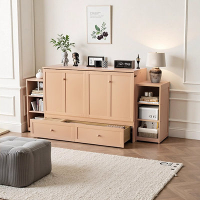 Grand lit escamotable doré avec tiroirs et tablettes de rangement spacieux - Idéal pour les chambres d'amis et les chambres compactes