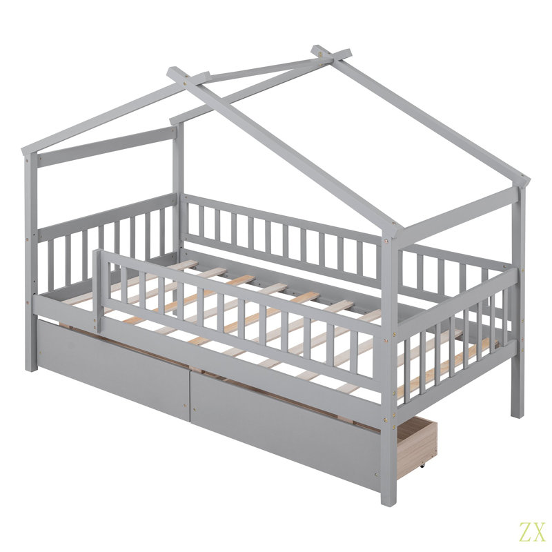 Lit simple en bois avec deux tiroirs, Gris