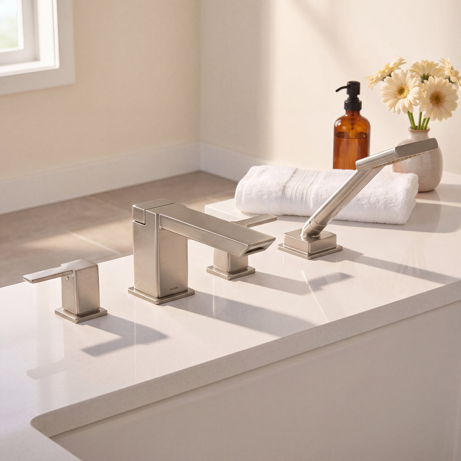 Deck Roman Tub Faucet Trim with Handshower, Brushed Nickel