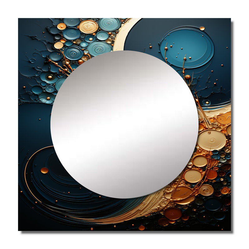 «Gold Teal Abstract Spirals II», art mural abstrait à miroir carré pour salle de bain, 36 po x 36 po