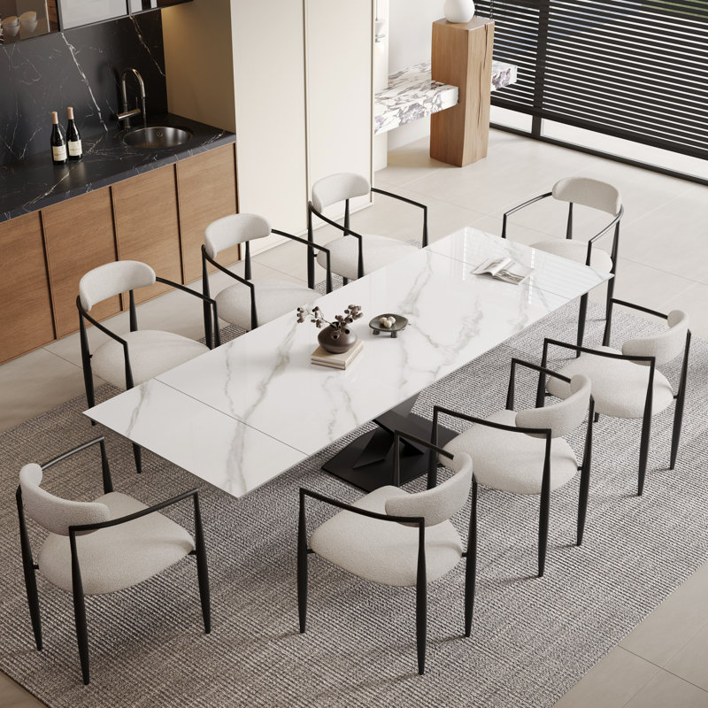 Nanor 9 - Piece 94.48'' Extendable Sintered Stone Dining Table with 8 Fabric Chairs Dining Set, White/Black