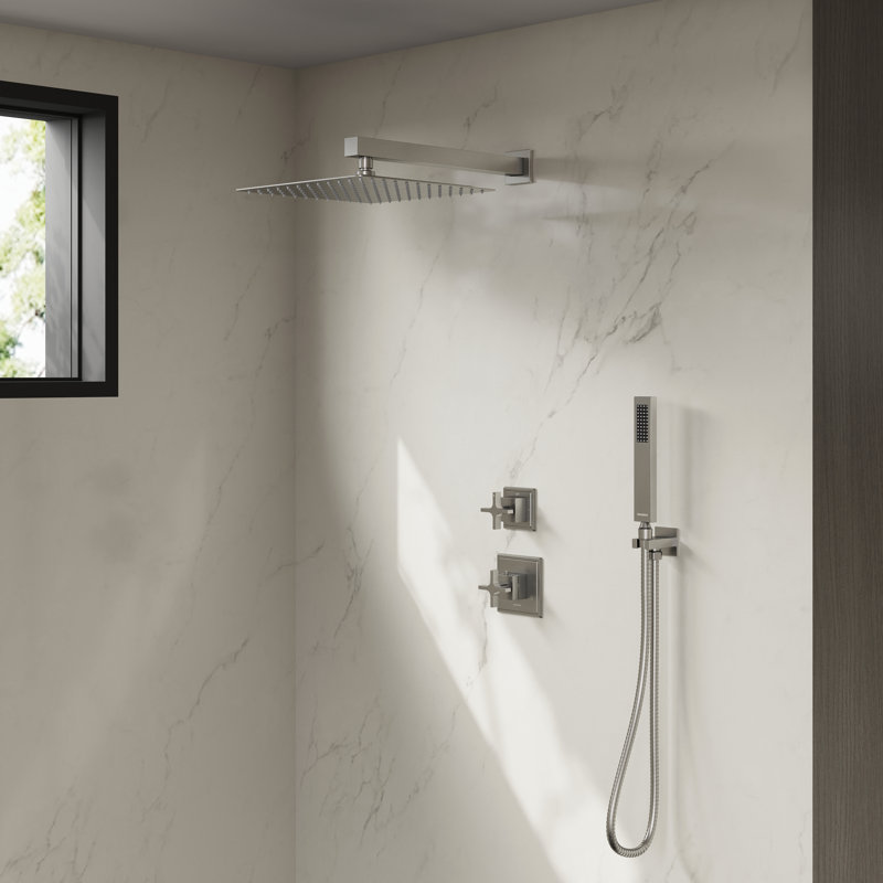 Rugen Thermostatic Shower System Rainfall, Large 12" Rain Shower Head with Handheld, Brushed Nickel Shower Faucet Set with Valve, High Pressure Showerhead