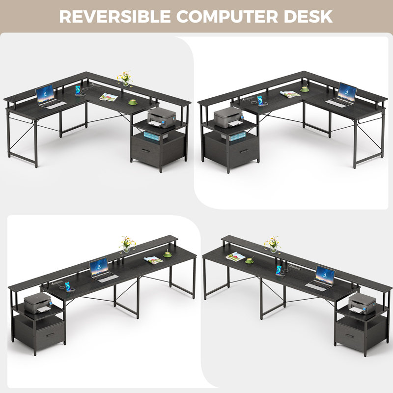 Kurtiss 68" L Shaped Computer Desk with File Drawer with Power Outlet & LED Strip, Black