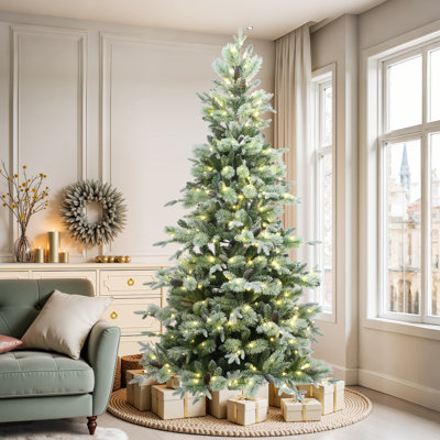 7.5Ft Pre-Lit Pine Branches with Frosted Tips Artificial Christmas Tree
